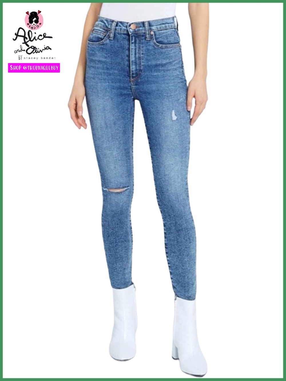 Alice + Olivia Good High Rise Distressed Blue Wash Denim Jeans Pant